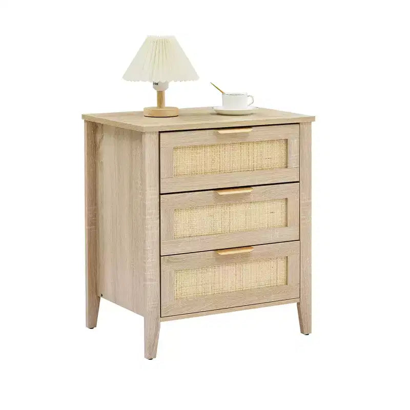 Table de Chevet en Rotin, Table de Nuit avec 3 Tiroirs en Rotin Naturel, Table de Chevet