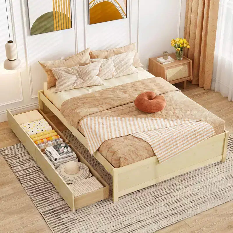 Lit plateforme double/grand lit en bois avec 2 tiroirs de rangement roulants