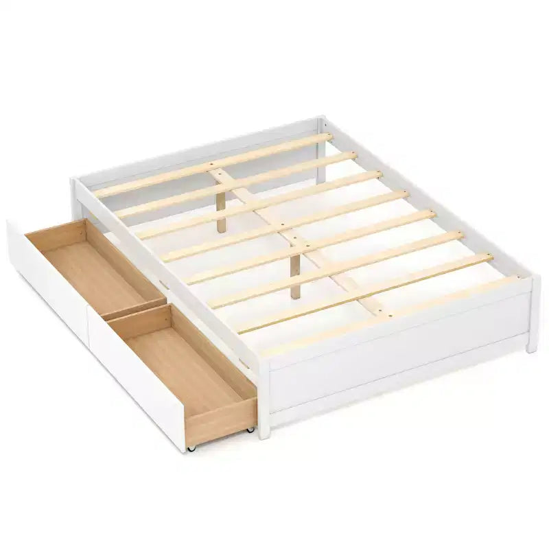 Lit plateforme double/grand lit en bois avec 2 tiroirs de rangement roulants
