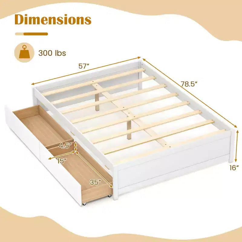 Lit plateforme double/grand lit en bois avec 2 tiroirs de rangement roulants