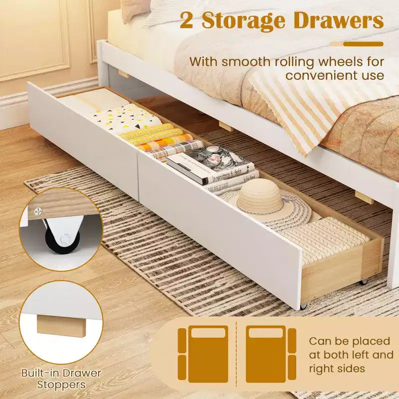 Lit plateforme double/grand lit en bois avec 2 tiroirs de rangement roulants