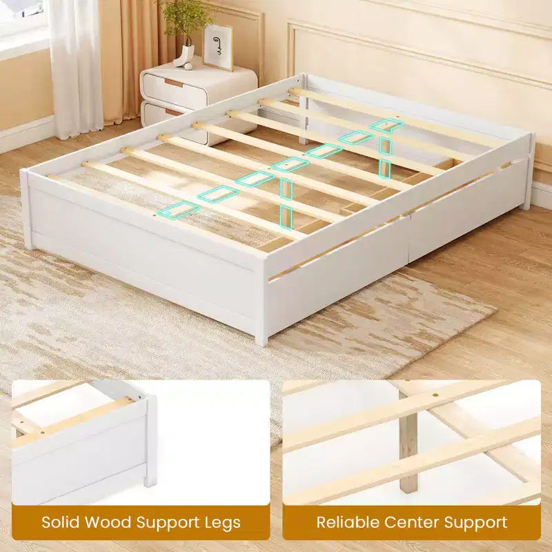 Lit plateforme double/grand lit en bois avec 2 tiroirs de rangement roulants
