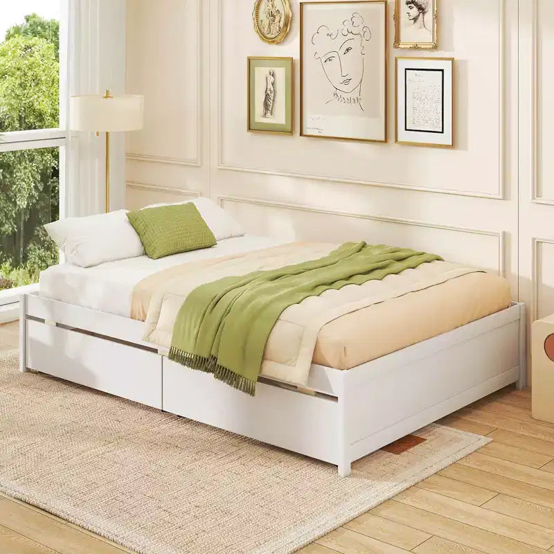 Lit plateforme double/grand lit en bois avec 2 tiroirs de rangement roulants