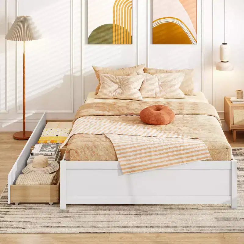Lit plateforme double/grand lit en bois avec 2 tiroirs de rangement roulants