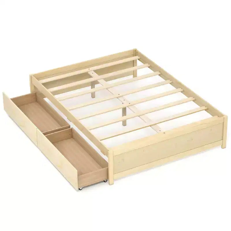 Lit plateforme double/grand lit en bois avec 2 tiroirs de rangement roulants