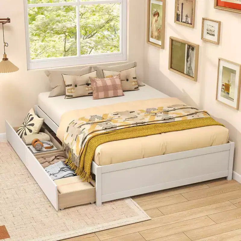 Lit plateforme double/grand lit en bois avec 2 tiroirs de rangement roulants