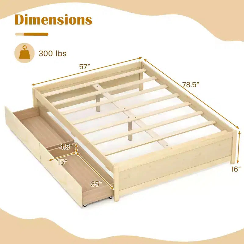 Lit plateforme double/grand lit en bois avec 2 tiroirs de rangement roulants