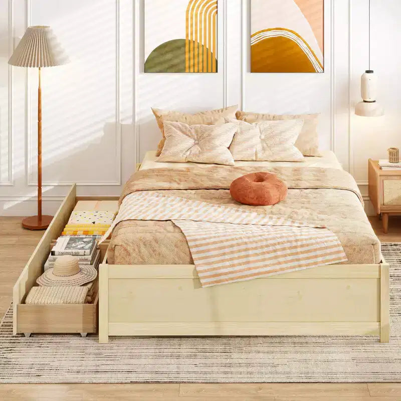 Lit plateforme double/grand lit en bois avec 2 tiroirs de rangement roulants