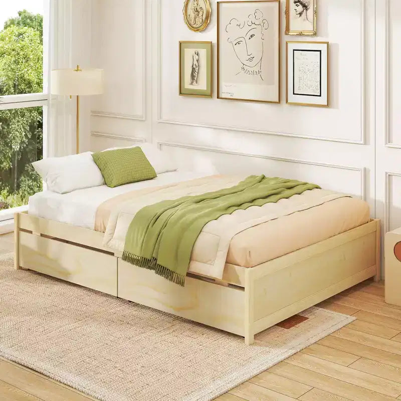 Lit plateforme double/grand lit en bois avec 2 tiroirs de rangement roulants