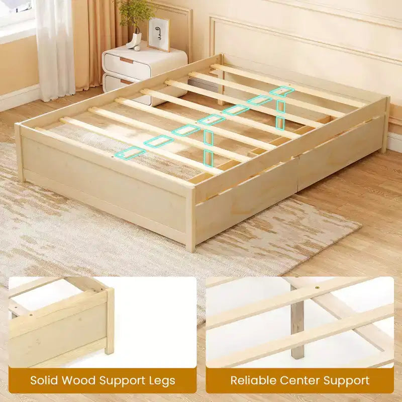 Lit plateforme double/grand lit en bois avec 2 tiroirs de rangement roulants