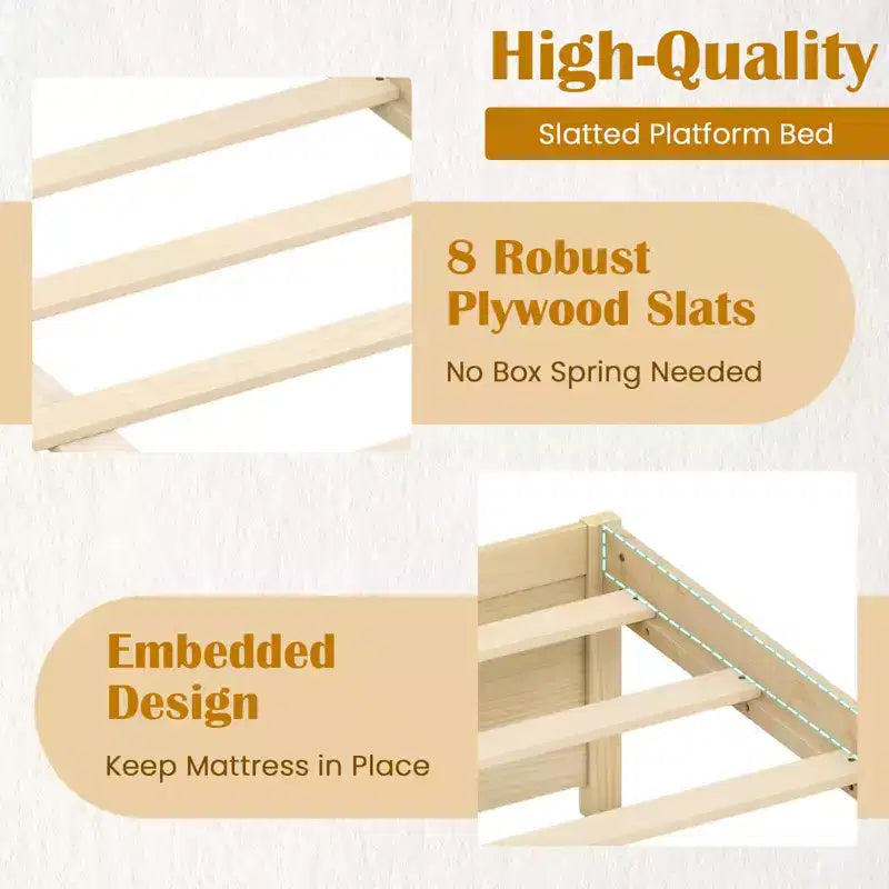 Lit plateforme double/grand lit en bois avec 2 tiroirs de rangement roulants
