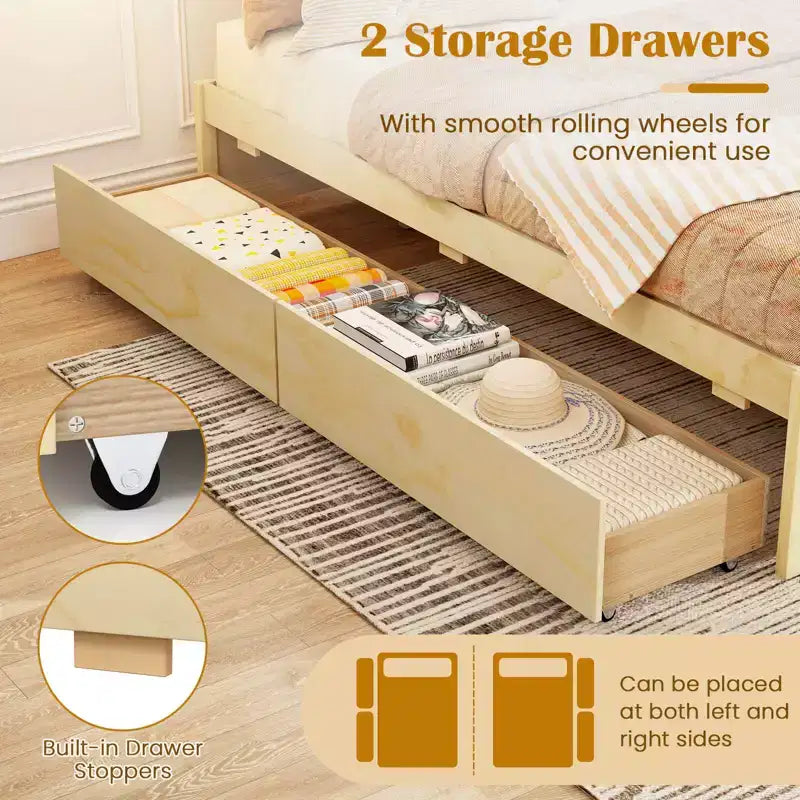 Lit plateforme double/grand lit en bois avec 2 tiroirs de rangement roulants