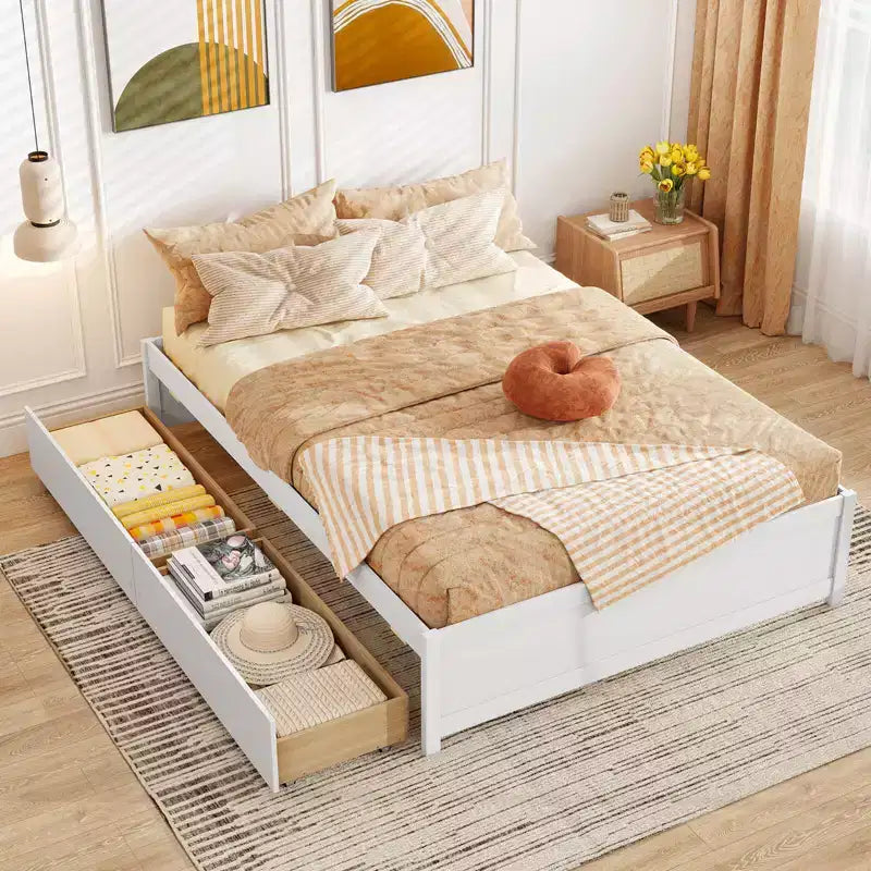 Lit plateforme double/grand lit en bois avec 2 tiroirs de rangement roulants