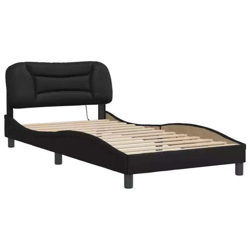 Cadre de lit double noir avec tête de lit en mousse et éclairage à bande LED