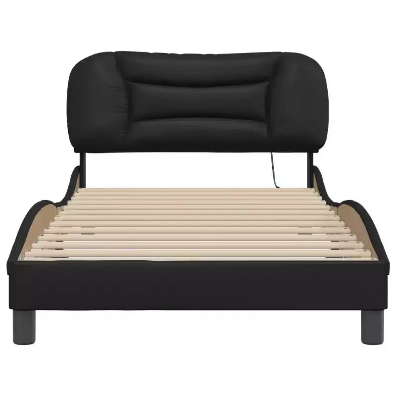 Cadre de lit double noir avec tête de lit en mousse et éclairage à bande LED