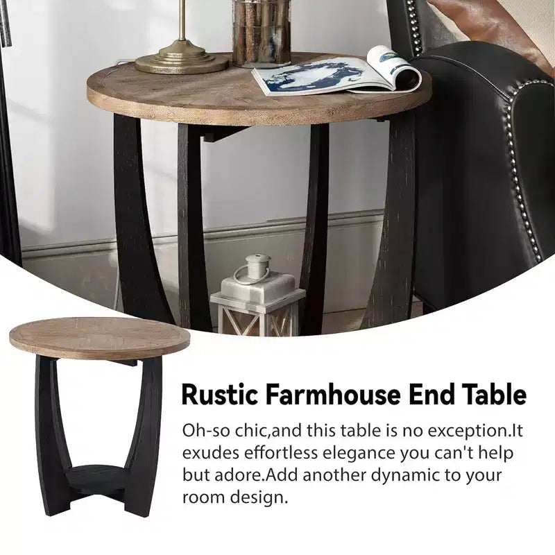 Table d'appoint ronde de ferme rustique avec étagère de rangement