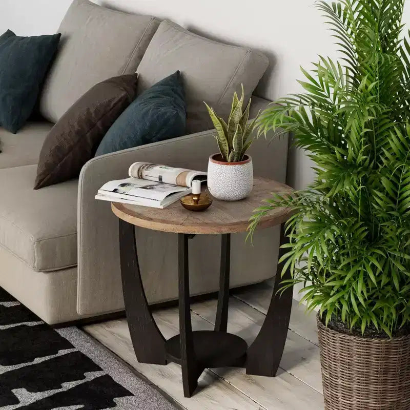 Table d'appoint ronde de ferme rustique avec étagère de rangement