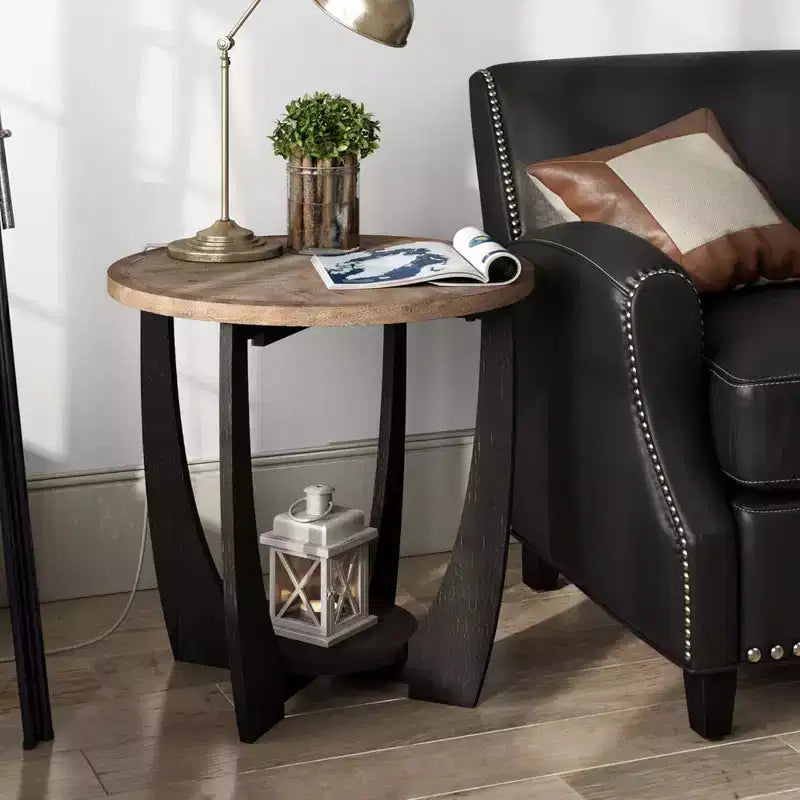 Table d'appoint ronde de ferme rustique avec étagère de rangement