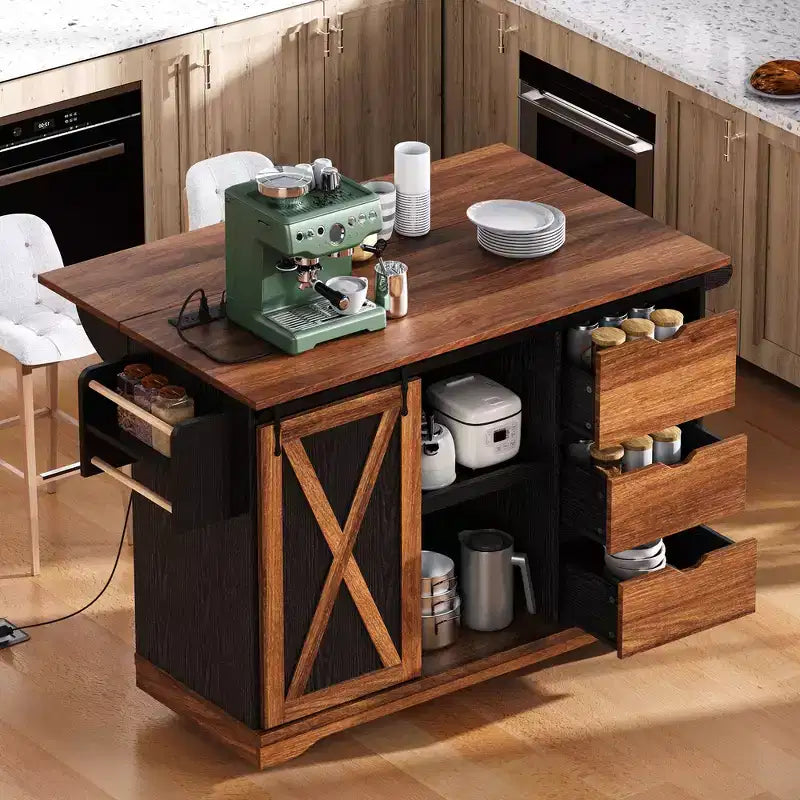 Whisen 55.5 Farmhouse Kitchen Island with Drop Leaf, Barn Door &amp; Charging, Rolling Design