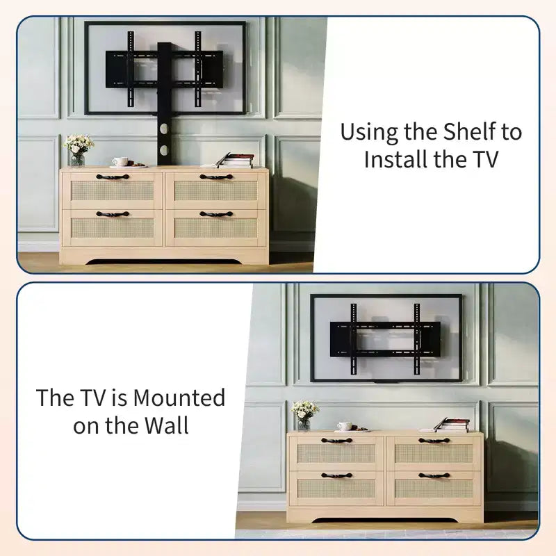 Meuble TV bahut de style campagnard pour téléviseurs jusqu'à 70'' 4 tiroirs, portes en rotin