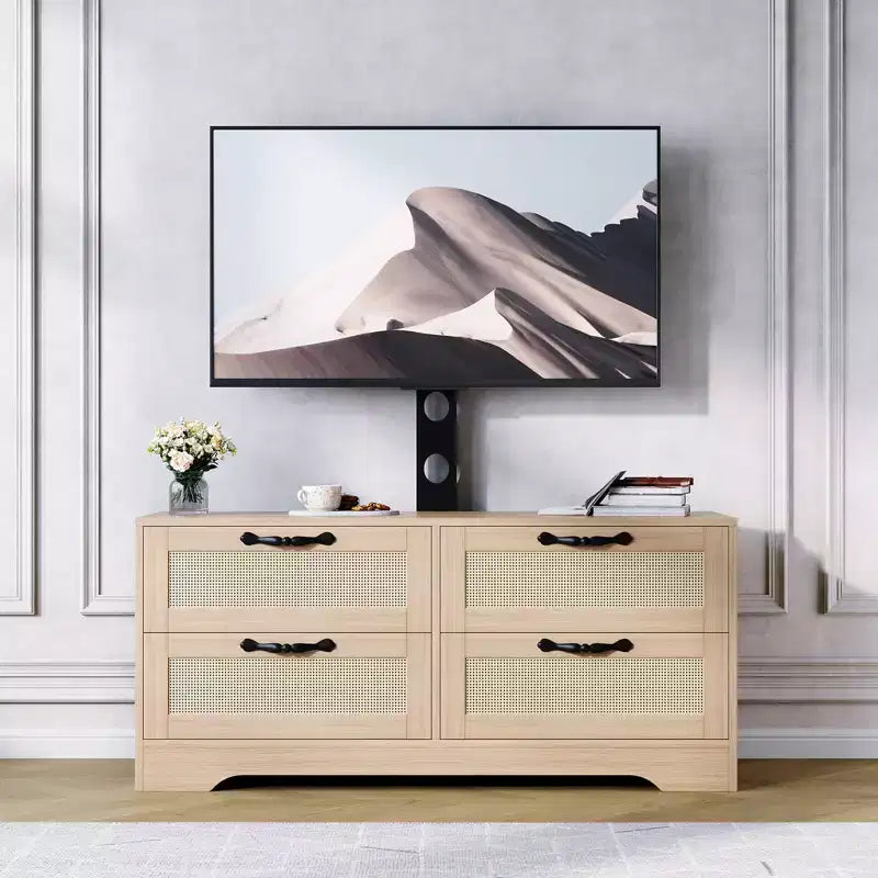 Meuble TV bahut de style campagnard pour téléviseurs jusqu'à 70'' 4 tiroirs, portes en rotin