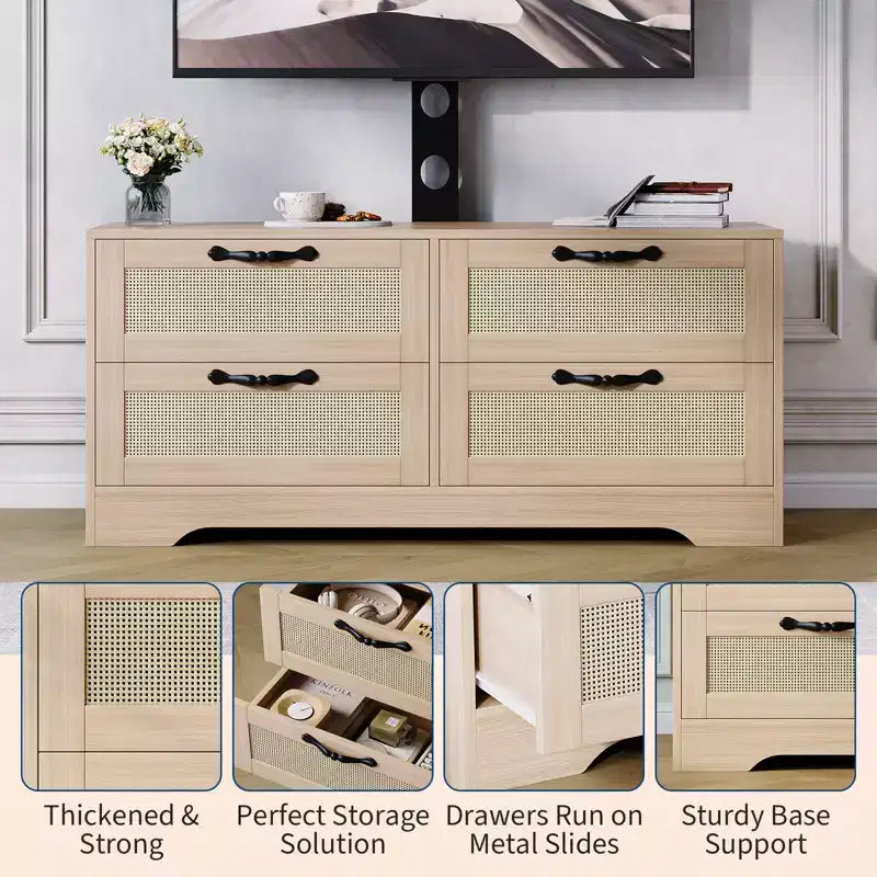 Meuble TV bahut de style campagnard pour téléviseurs jusqu'à 70'' 4 tiroirs, portes en rotin