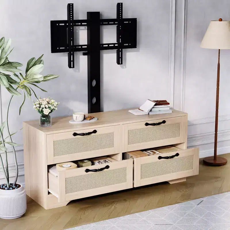 Meuble TV bahut de style campagnard pour téléviseurs jusqu'à 70'' 4 tiroirs, portes en rotin