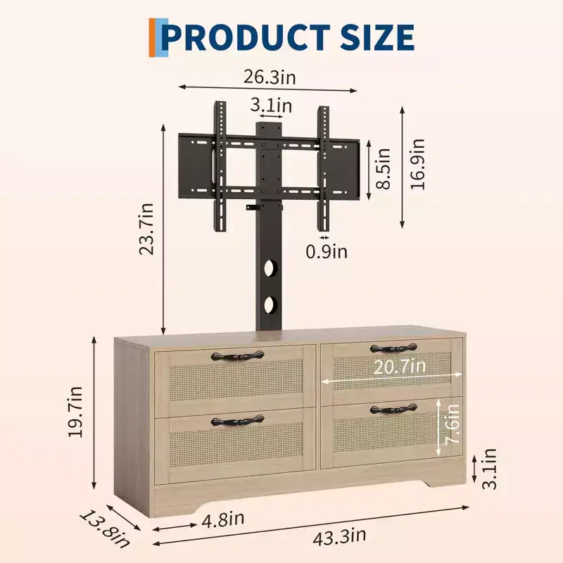 Meuble TV bahut de style campagnard pour téléviseurs jusqu'à 70'' 4 tiroirs, portes en rotin