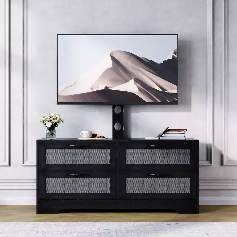 Meuble TV bahut de style campagnard pour téléviseurs jusqu'à 70'' 4 tiroirs, portes en rotin