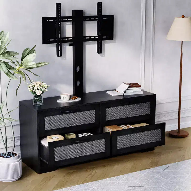 Meuble TV bahut de style campagnard pour téléviseurs jusqu'à 70'' 4 tiroirs, portes en rotin