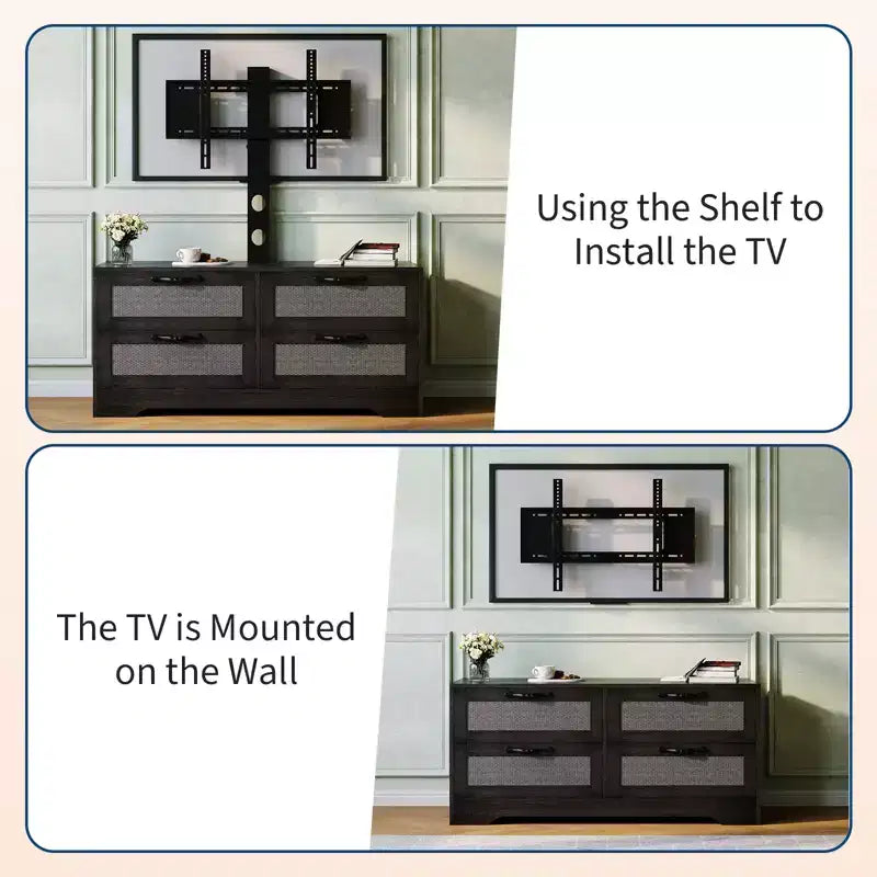 Meuble TV bahut de style campagnard pour téléviseurs jusqu'à 70'' 4 tiroirs, portes en rotin