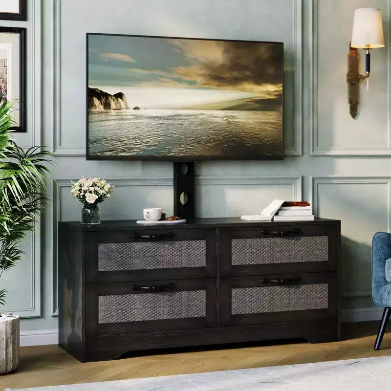 Meuble TV bahut de style campagnard pour téléviseurs jusqu'à 70'' 4 tiroirs, portes en rotin