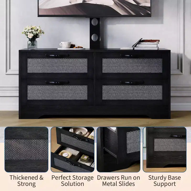 Meuble TV bahut de style campagnard pour téléviseurs jusqu'à 70'' 4 tiroirs, portes en rotin