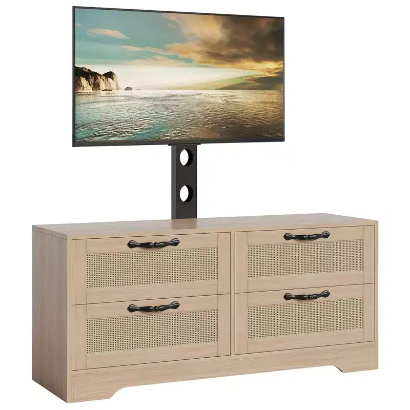 Meuble TV bahut de style campagnard pour téléviseurs jusqu'à 70'' 4 tiroirs, portes en rotin