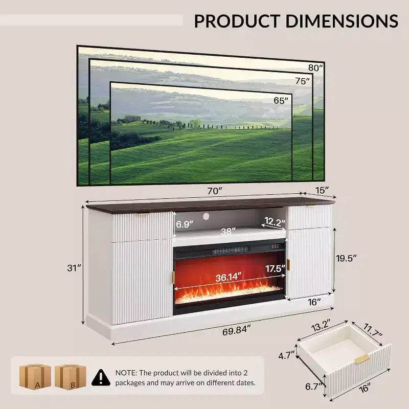 Meuble TV de cheminée cannelé de 70 po pour téléviseurs de 80 po, meuble de divertissement moderne