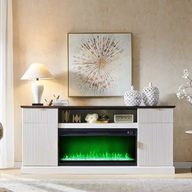 Meuble TV de cheminée cannelé de 70 po pour téléviseurs de 80 po, meuble de divertissement moderne