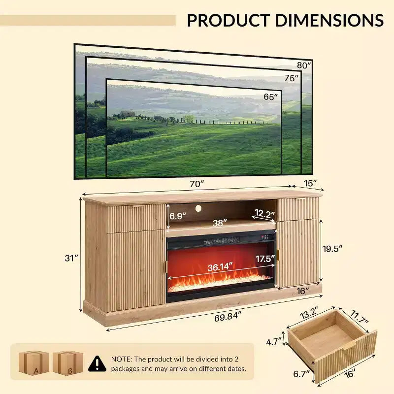 Meuble TV de cheminée cannelé de 70 po pour téléviseurs de 80 po, meuble de divertissement moderne