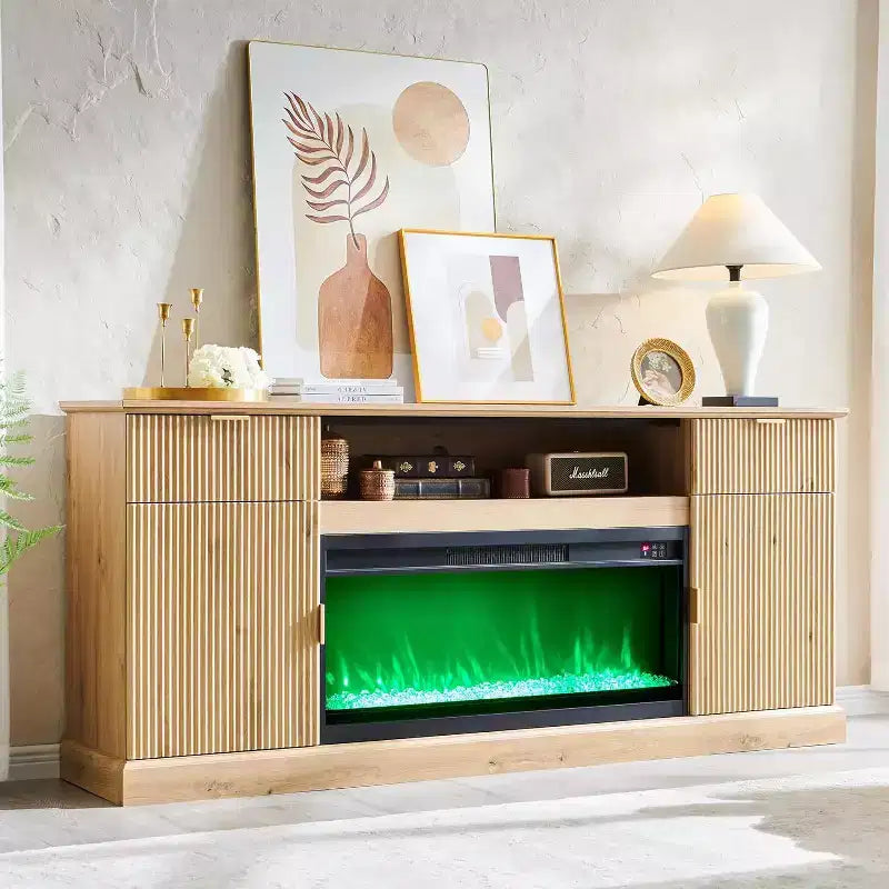 Meuble TV de cheminée cannelé de 70 po pour téléviseurs de 80 po, meuble de divertissement moderne