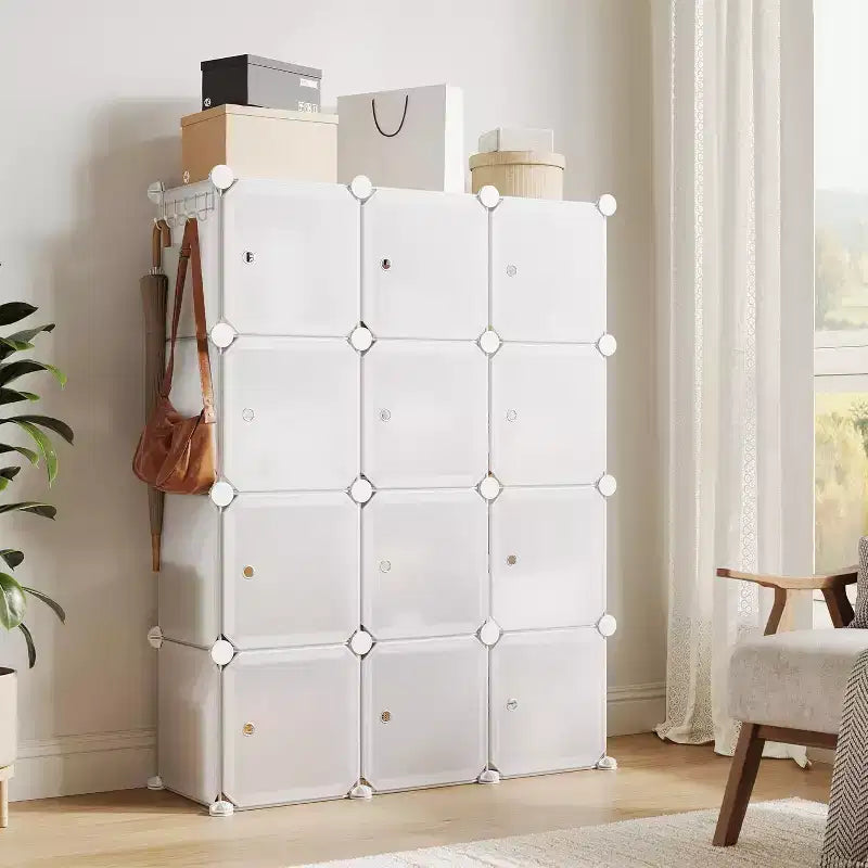Organisateur de rangement 12 cubes avec portes Bibliothèque modulaire en plastique