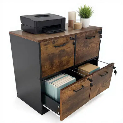 COZONY 4-Drawer Wooden File Cabinet, Locking Vertical Storage for A4/Letter, Rustic Brown &amp; Black