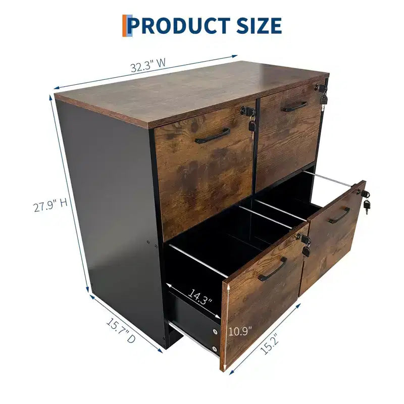 Meuble de classement en bois à 4 tiroirs, rangement vertical verrouillable pour format A4/Lettre, marron rustique et noir
