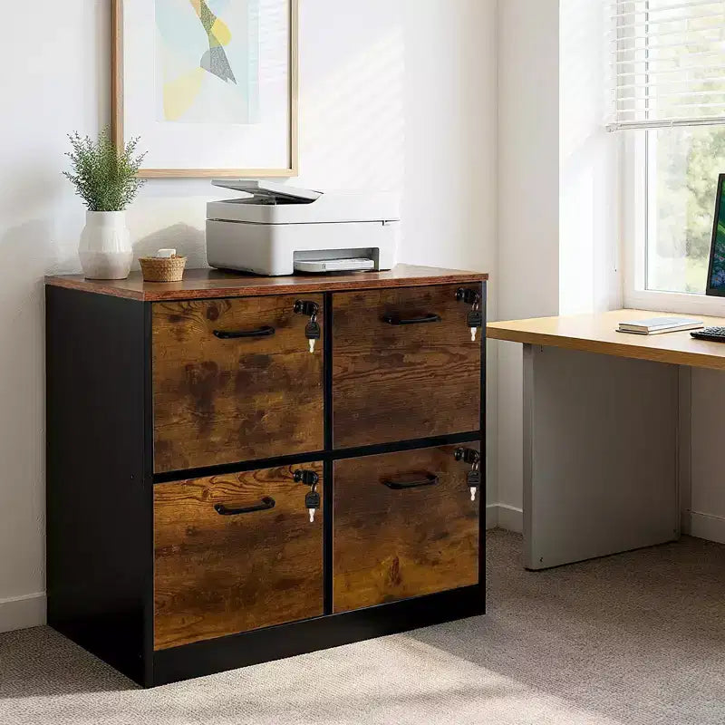 Meuble de classement en bois à 4 tiroirs, rangement vertical verrouillable pour format A4/Lettre, marron rustique et noir