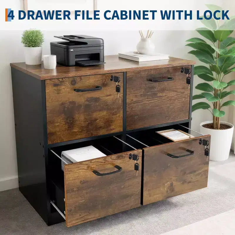 Meuble de classement en bois à 4 tiroirs, rangement vertical verrouillable pour format A4/Lettre, marron rustique et noir