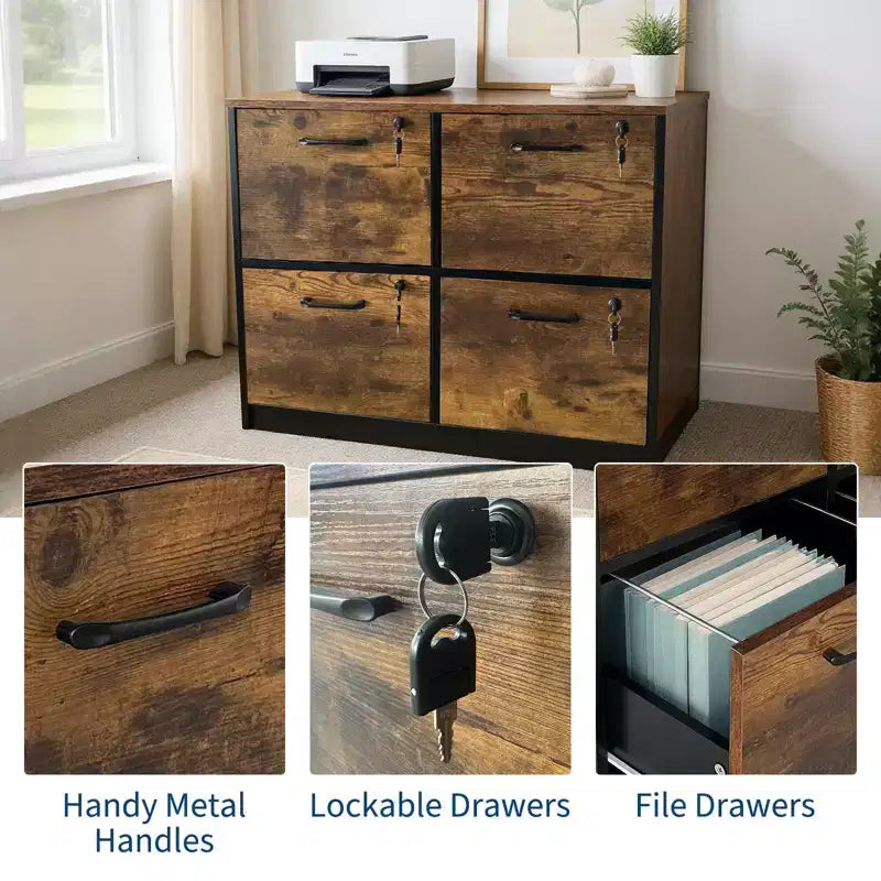 Meuble de classement en bois à 4 tiroirs, rangement vertical verrouillable pour format A4/Lettre, marron rustique et noir
