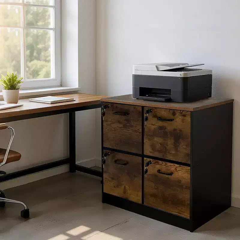 Meuble de classement en bois à 4 tiroirs, rangement vertical verrouillable pour format A4/Lettre, marron rustique et noir