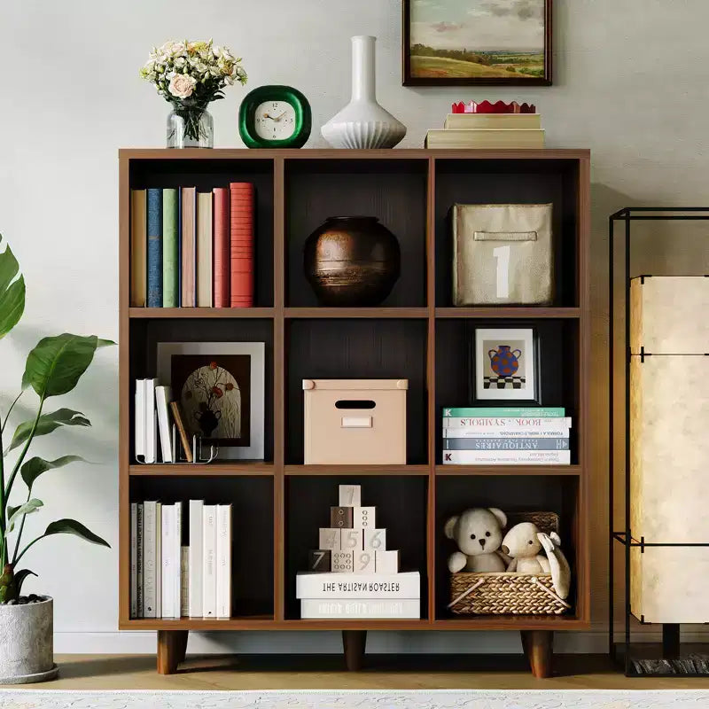 Étagère 9 casiers, bibliothèque ouverte à 3 niveaux avec finition bois, meuble de rangement