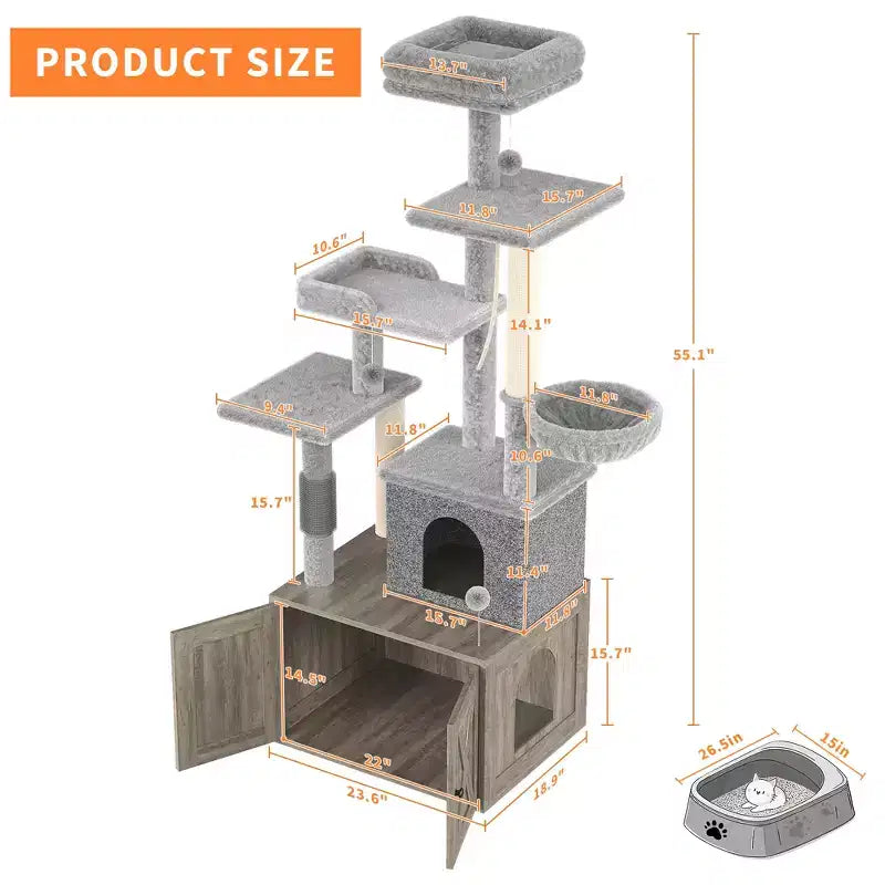 Arbre à chat moderne 2-en-1 avec cache-litière, Meuble tout-en-un pour chat