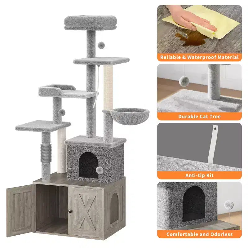 Arbre à chat moderne 2-en-1 avec cache-litière, Meuble tout-en-un pour chat