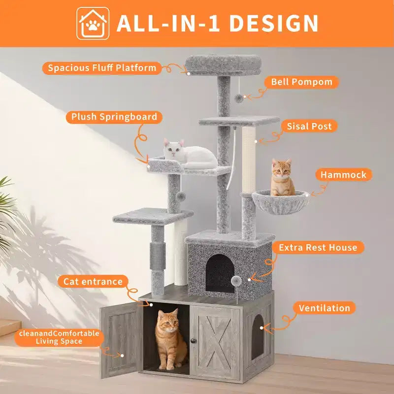 Arbre à chat moderne 2-en-1 avec cache-litière, Meuble tout-en-un pour chat