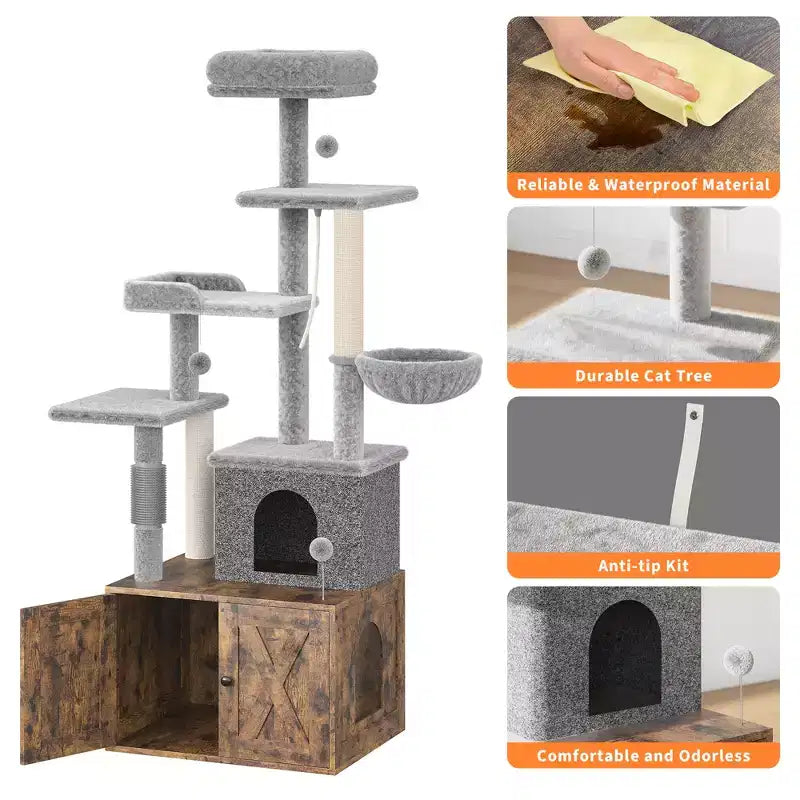 Arbre à chat moderne 2-en-1 avec cache-litière, Meuble tout-en-un pour chat